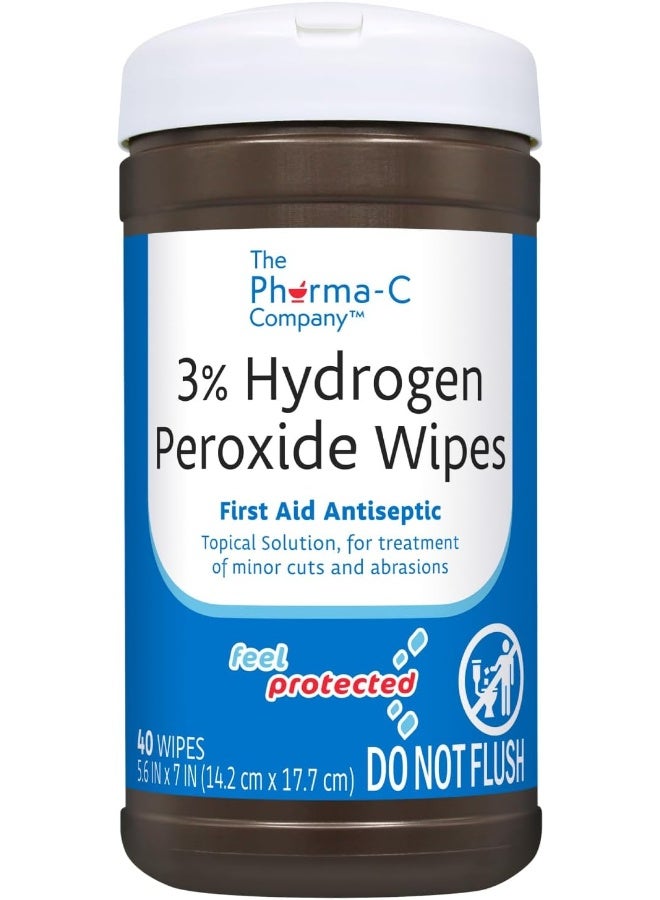 Pharma-C-Wipes The Pharma-C Company 3% Hydrogen Peroxide Wipes [40 wipes] - First Aid. H202 Skin Safe Antiseptic Wound Cleaner. - Image 1